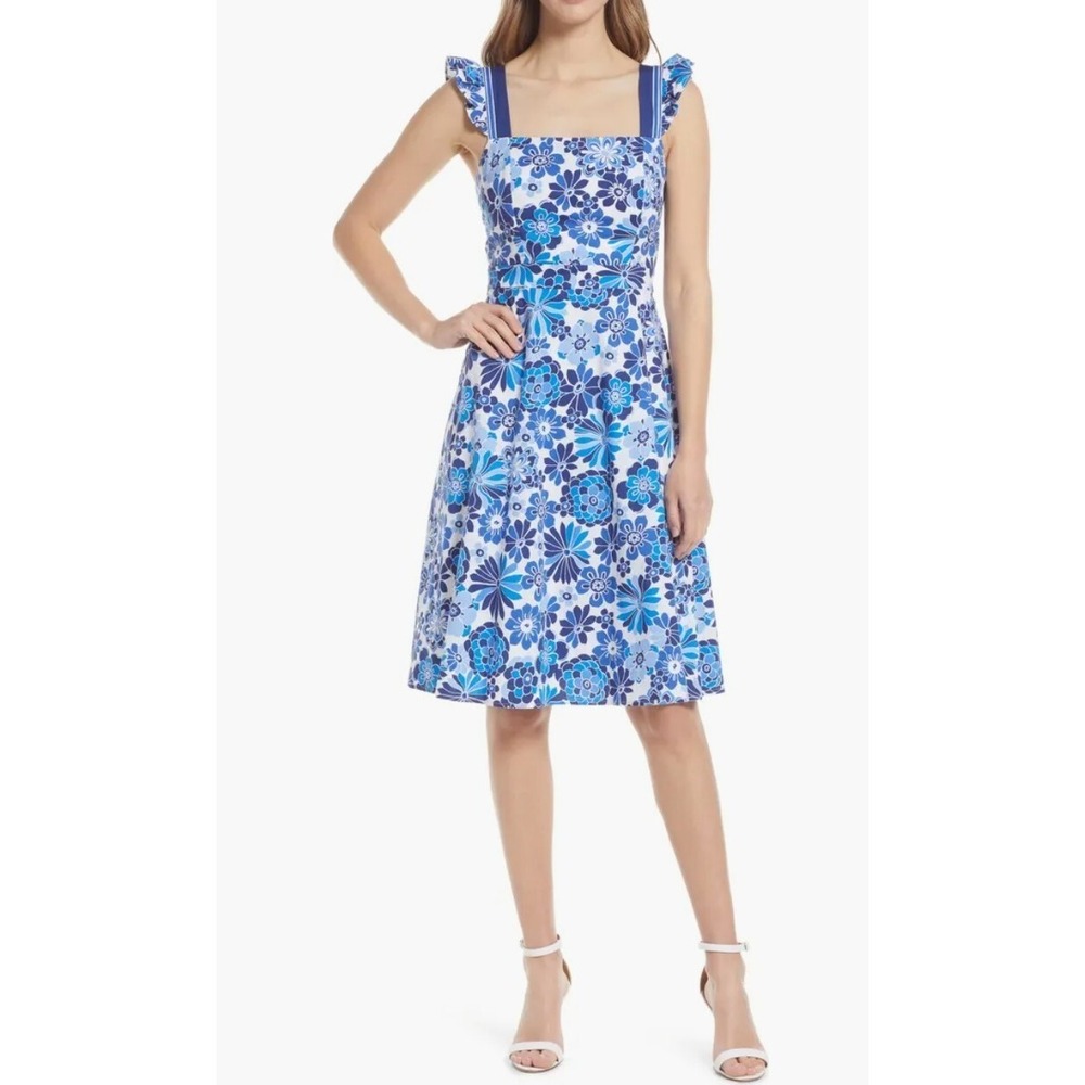 Tahari ASL Women's Blue & White Floral Ruffle Strap Knee Length Dress